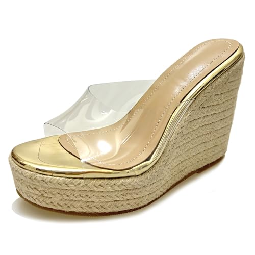 LarDorLin Keilabsatz Espadrille Plateau Damen Pantoffeln Bogen Offene Zeh Sommer Sandales Transparent Strand Flip Flops Wildleder Gold Gr 40.5 EU (42 CN) von LarDorLin