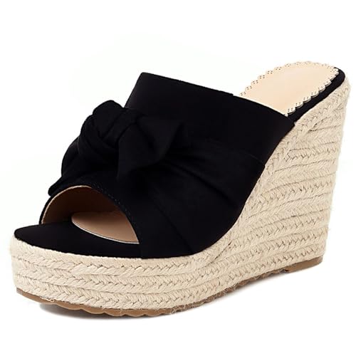 LarDorLin Keilabsatz Espadrille Plateau Damen Pantoffeln Bogen Offene Zeh Sommer Sandales Transparent Strand Flip Flops Wildleder Schwarz Gr 34 EU von LarDorLin