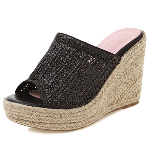 LarDorLin Keilabsatz Espadrille Plateau Damen Pantoffeln Bogen Offene Zeh Sommer Sandales Transparent Strand Flip Flops Wildleder Schwarz Gr 36.5 EU (37 CN) von LarDorLin
