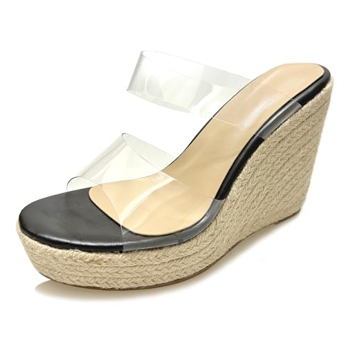 LarDorLin Keilabsatz Espadrille Plateau Damen Pantoffeln Bogen Offene Zeh Sommer Sandales Transparent Strand Flip Flops Wildleder Schwarz Gr 36.5 EU (37 CN) von LarDorLin
