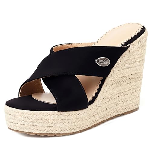 LarDorLin Keilabsatz Espadrille Plateau Damen Pantoffeln Bogen Offene Zeh Sommer Sandales Transparent Strand Flip Flops Wildleder Schwarz Gr 40 EU (41 CN) von LarDorLin