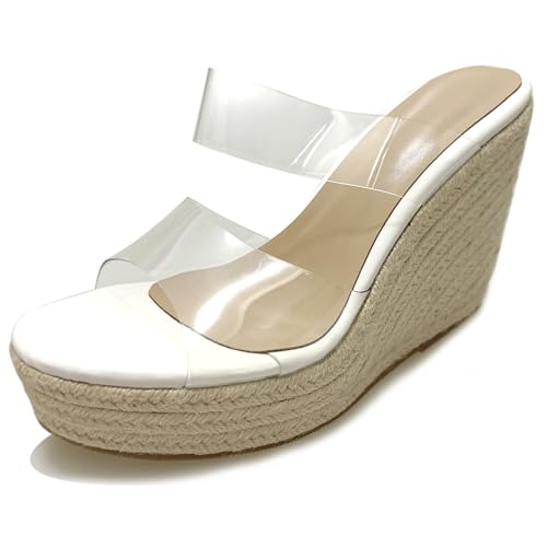 LarDorLin Keilabsatz Espadrille Plateau Damen Pantoffeln Bogen Offene Zeh Sommer Sandales Transparent Strand Flip Flops Wildleder Weiß Gr 40.5 EU (42 CN) von LarDorLin