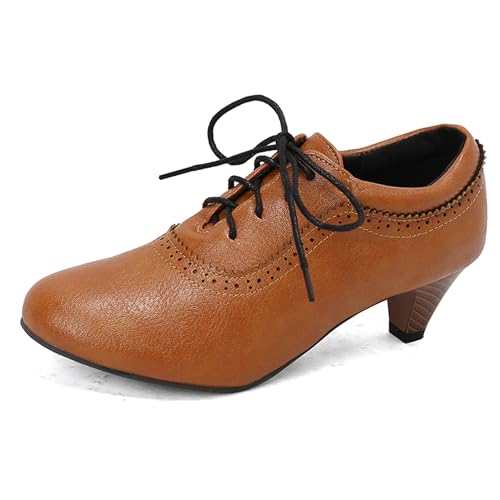 LarDorLin Kitten Heel Oxford Damen Brogue Derby Schnüren Runde Zehen Low Mid Schuhe Buro Arbeit Formal Pumps Schuhe Gelb Gr 36.5 EU (37 Cn) von LarDorLin