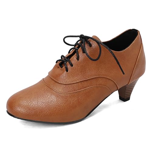 LarDorLin Kitten Heel Oxford Damen Brogue Derby Schnüren Runde Zehen Low Mid Schuhe Buro Arbeit Formal Pumps Schuhe Gelb Gr 38 EU (39 Cn) von LarDorLin