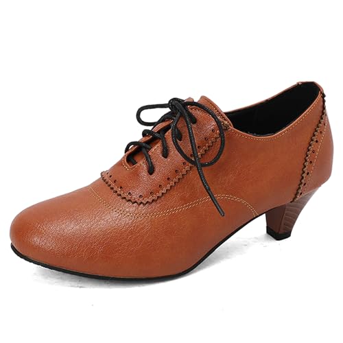 LarDorLin Kitten Heel Oxford Damen Brogue Derby Schnüren Runde Zehen Low Mid Schuhe Buro Arbeit Formal Pumps Schuhe Gelb Gr 40 EU (41 Cn) von LarDorLin