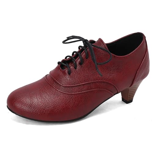 LarDorLin Kitten Heel Oxford Damen Brogue Derby Schnüren Runde Zehen Low Mid Schuhe Buro Arbeit Formal Pumps Schuhe Rotwein Gr 36.5 EU (37 Cn) von LarDorLin