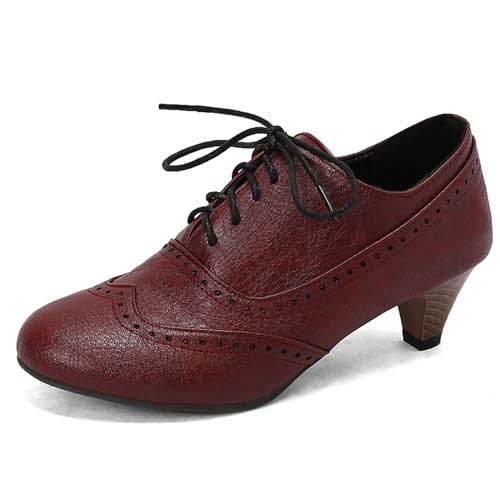 LarDorLin Kitten Heel Oxford Damen Brogue Derby Schnüren Runde Zehen Low Mid Schuhe Buro Arbeit Formal Pumps Schuhe Rotwein Gr 40.5 EU (42 Cn) von LarDorLin