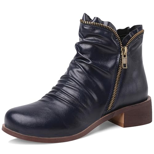 LarDorLin Komfort Chelsea Damen Low Blockabsatz Stiefeletten Winter Buro Runde Zehen Leisure Slouch Stiefeletten Zip Dark-Blau Gr 39 EU (40 Cn) von LarDorLin