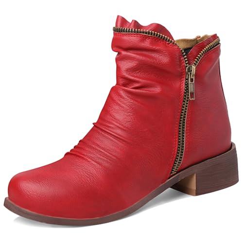 LarDorLin Komfort Chelsea Damen Low Blockabsatz Stiefeletten Winter Buro Runde Zehen Leisure Slouch Stiefeletten Zip Rot Gr 32 EU von LarDorLin