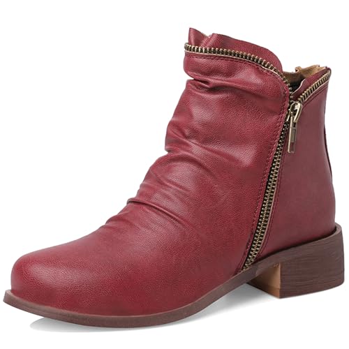 LarDorLin Komfort Chelsea Damen Low Blockabsatz Stiefeletten Winter Buro Runde Zehen Leisure Slouch Stiefeletten Zip Rotwein Gr 44 EU (46 Cn) von LarDorLin