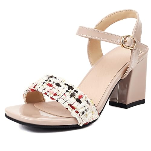 LarDorLin Lack Block Sandalen Knöchelriemchen Damen Party-Sandales Offene Zeh Hochzeit Schnalle Chunky Höhe Ferse Elegant Camel Gr 32 EU von LarDorLin