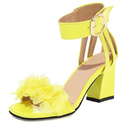 LarDorLin Lack Block Sandalen Knöchelriemchen Damen Party-Sandales Offene Zeh Hochzeit Schnalle Chunky Höhe Ferse Elegant Gelb Gr 35 EU von LarDorLin