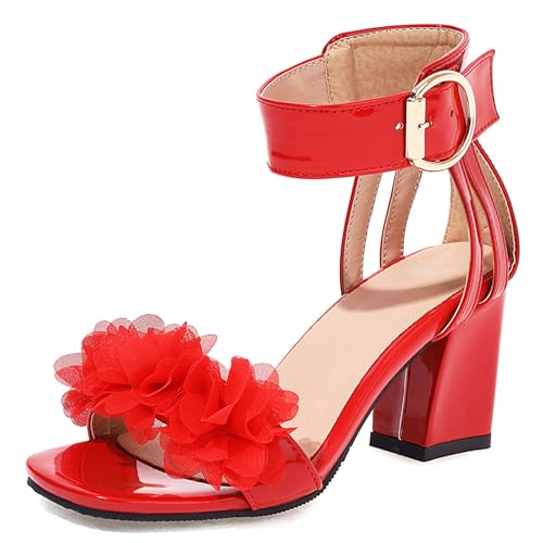 LarDorLin Lack Block Sandalen Knöchelriemchen Damen Party-Sandales Offene Zeh Hochzeit Schnalle Chunky Höhe Ferse Elegant Rot Gr 36 EU von LarDorLin