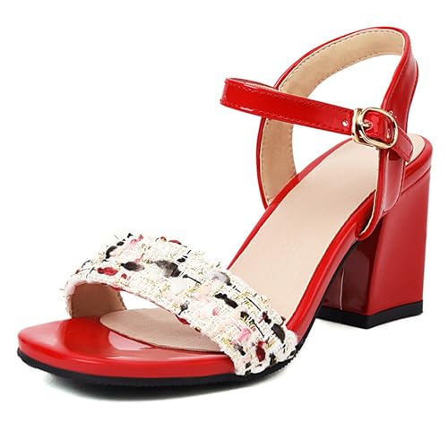 LarDorLin Lack Block Sandalen Knöchelriemchen Damen Party-Sandales Offene Zeh Hochzeit Schnalle Chunky Höhe Ferse Elegant Rot Gr 40.5 EU (42 CN) von LarDorLin