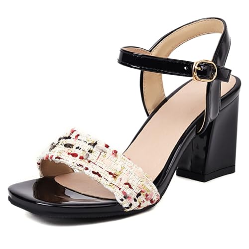 LarDorLin Lack Block Sandalen Knöchelriemchen Damen Party-Sandales Offene Zeh Hochzeit Schnalle Chunky Höhe Ferse Elegant Schwarz Gr 34 EU von LarDorLin