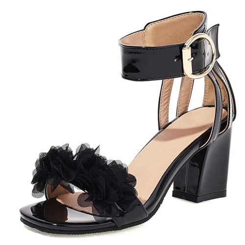 LarDorLin Lack Block Sandalen Knöchelriemchen Damen Party-Sandales Offene Zeh Hochzeit Schnalle Chunky Höhe Ferse Elegant Schwarz Gr 36 EU von LarDorLin