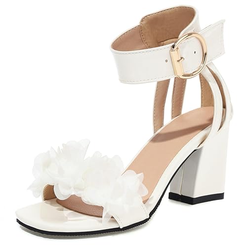 LarDorLin Lack Block Sandalen Knöchelriemchen Damen Party-Sandales Offene Zeh Hochzeit Schnalle Chunky Höhe Ferse Elegant Weiß Gr 35 EU von LarDorLin
