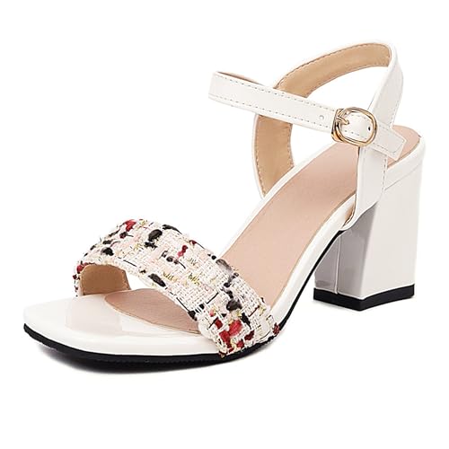 LarDorLin Lack Block Sandalen Knöchelriemchen Damen Party-Sandales Offene Zeh Hochzeit Schnalle Chunky Höhe Ferse Elegant Weiß Gr 40.5 EU (42 CN) von LarDorLin