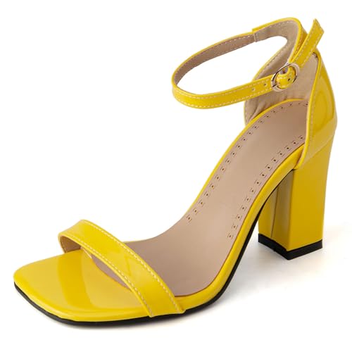 LarDorLin Lack Blockabsatz Damen Simple Knöchelriemchen Sandals Mid Chunky Offene Zeh Hochzeit Party Höhe Ferse Gelb Gr 44 EU (46 CN) von LarDorLin