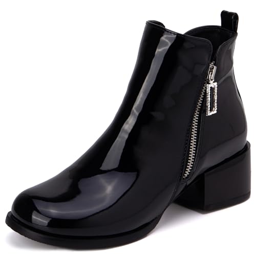 LarDorLin Lack Chelsea Damen Mitte Blockabsatz Stiefeletten Winter Buro Komfort Runde Zehen Zip Mode Stiefeletten Chunky Schwarz Gr 33 EU von LarDorLin