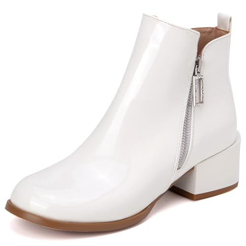 LarDorLin Lack Chelsea Damen Mitte Blockabsatz Stiefeletten Winter Buro Komfort Runde Zehen Zip Mode Stiefeletten Chunky Weiß Gr 33 EU von LarDorLin