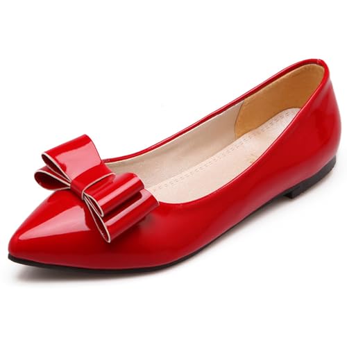 LarDorLin Lack Flach Damen Pointed Toe Dolly Schuhe Ohne Verschluss Täglich Arbeit Ballet Loafer Komfort Bogen Flach Schuhe Knöchelriemchen Rot Gr 48 EU (50 Cn) von LarDorLin