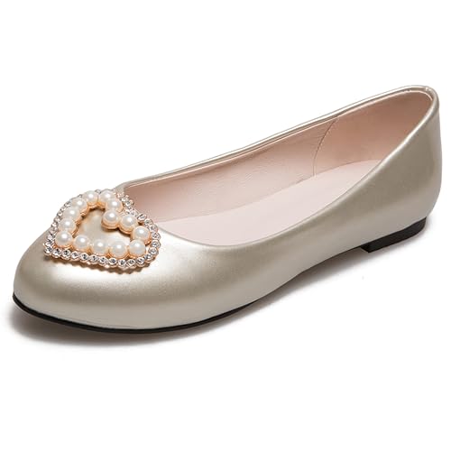 LarDorLin Lack Flach Damen Runde Zehen Comfy Arbeit Loafer Buro Dolly Schuhe Damen Ballet Mary Jane Knöchelriemchen Flach Schuhe Gold Gr 41 EU (43 Cn) von LarDorLin