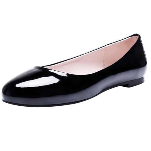 LarDorLin Lack Flach Damen Runde Zehen Comfy Arbeit Loafer Buro Dolly Schuhe Damen Ballet Mary Jane Knöchelriemchen Flach Schuhe Schwarz Gr 37 EU (38 Cn) von LarDorLin