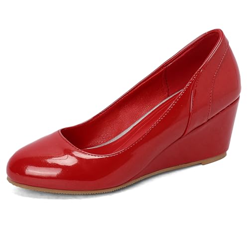 LarDorLin Lack Keilabsatz Damen Runde Zehen Elegant Mary Jane Höhe Ferse Hochzeit Formal Knöchelriemchen Abend Ohne Verschluss Pumps Rot Gr 38 EU (39 Cn) von LarDorLin