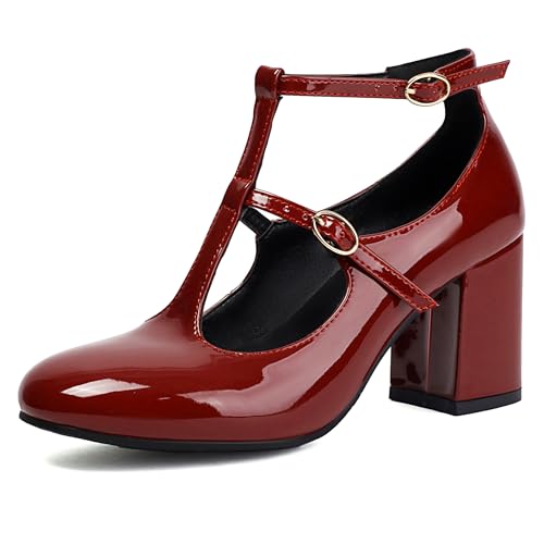 LarDorLin Lack Mary Jane Blockabsatz Damen Schuhe Runde Zehen Klassische Chunky Pumps Schnalle T-Spange Abend Höhe Ferse Rotwein Gr 39 EU (40 Cn) von LarDorLin