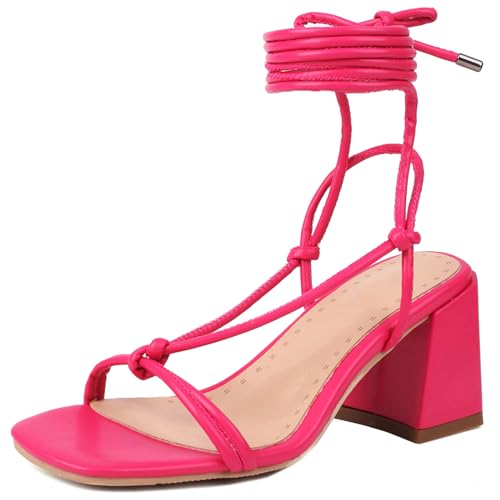 LarDorLin Offene Zeh Mid Block Sandalen Damen Comfy Sandals Leisure Schnalle Knöchelriemchen Hochzeit Buro Arbeit Chunky Rose-Rot Gr 32 EU von LarDorLin
