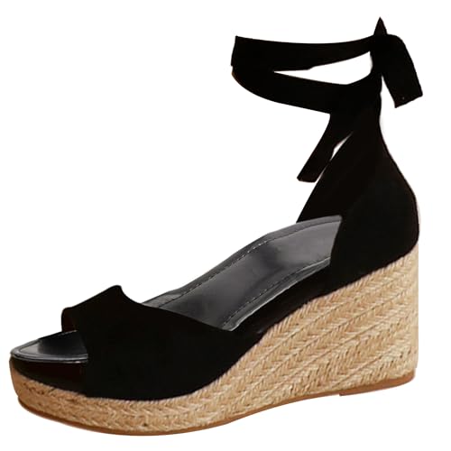 LarDorLin Peep Toe Espadrille Damen Leisure Keilabsatz Plateau Sandals Knöchelriemchen Peep Toe Comfy Schnüren Keilabsatzs T Bar Schwarz Gr 33 EU von LarDorLin