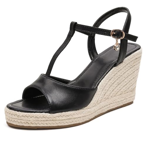 LarDorLin Peep Toe Espadrille Damen Leisure Keilabsatz Plateau Sandals Knöchelriemchen Peep Toe Comfy Schnüren Keilabsatzs T Bar Schwarz Gr 34 EU von LarDorLin