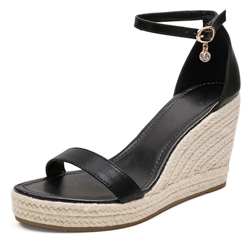 LarDorLin Peep Toe Espadrille Damen Leisure Keilabsatz Plateau Sandals Knöchelriemchen Peep Toe Comfy Schnüren Keilabsatzs T Bar Schwarz Gr 38 EU (39 CN) von LarDorLin