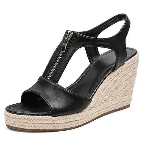 LarDorLin Peep Toe Espadrille Damen Leisure Keilabsatz Plateau Sandals Knöchelriemchen Peep Toe Comfy Schnüren Keilabsatzs T Bar Schwarz Gr 39 EU (40 CN) von LarDorLin