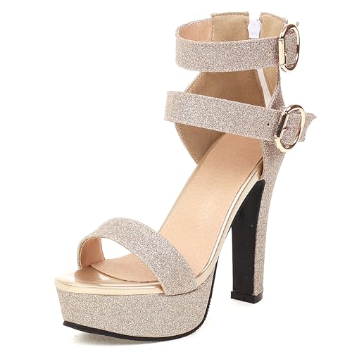 LarDorLin Plateau High Sandalen Damen Glitzer Hochzeit Sandals Knöchelriemchen Bride Elegant Block Peep Toe Sandalen Party Gold Gr 36.5 EU (37 CN) von LarDorLin