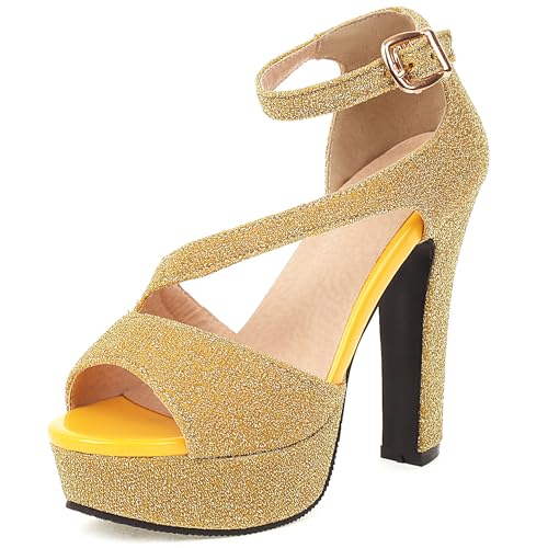 LarDorLin Plateau High Sandalen Damen Glitzer Hochzeit Sandals Knöchelriemchen Bride Elegant Block Peep Toe Sandalen Party Gold Gr 38 EU (39 CN) von LarDorLin