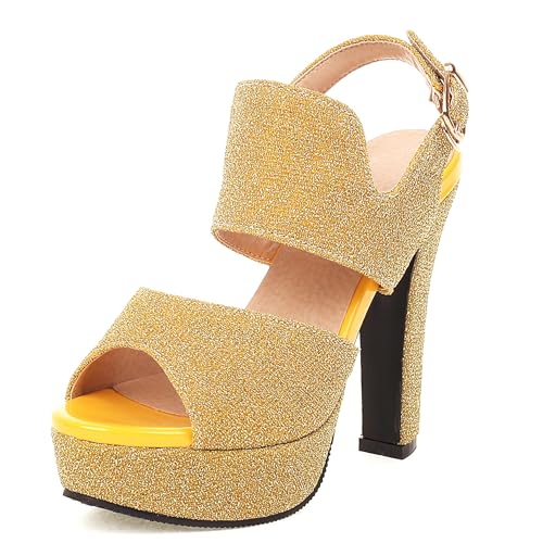 LarDorLin Plateau High Sandalen Damen Glitzer Hochzeit Sandals Knöchelriemchen Bride Elegant Block Peep Toe Sandalen Party Gold Gr 40.5 EU (42 CN) von LarDorLin