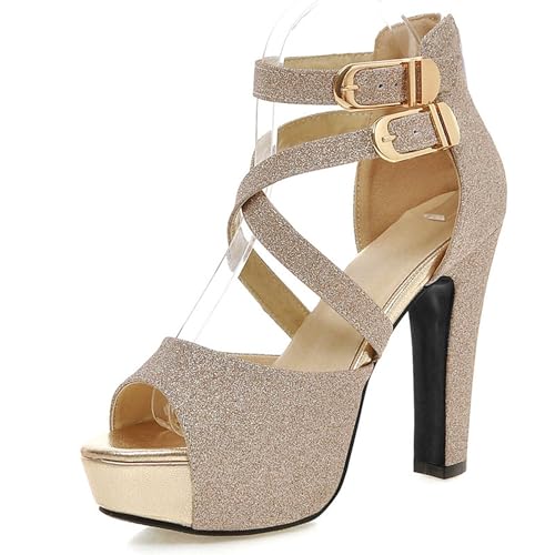 LarDorLin Plateau High Sandalen Damen Glitzer Hochzeit Sandals Knöchelriemchen Bride Elegant Block Peep Toe Sandalen Party Gold Gr 40.5 EU (42 CN) von LarDorLin