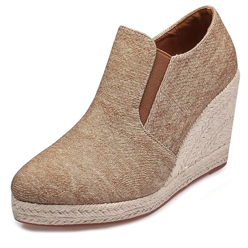LarDorLin Plateau Keilabsatz Espadrille Damen Stiefeletten Buro Loafer Pointed Toe Komfort Mode Stiefeletten Heel Camel Gr 40 EU (41 Cn) von LarDorLin