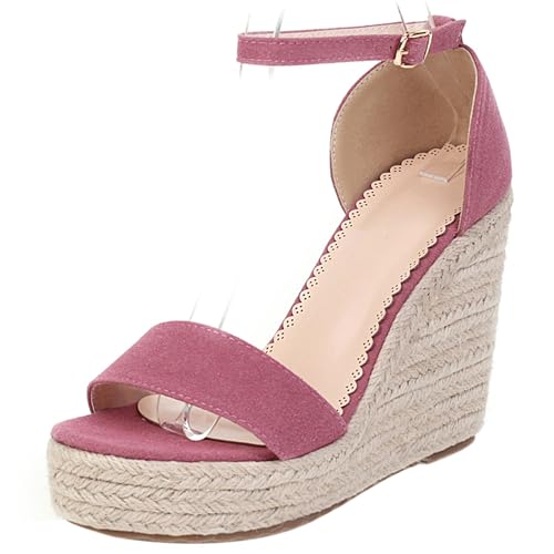 LarDorLin Plateau Keilabsatz Espadrille Wildleder Damensandalen Schnalle Strappy Mode Offene Zeh Transparent Bogen Heel Rose-Rot Gr 40.5 EU (42 CN) von LarDorLin
