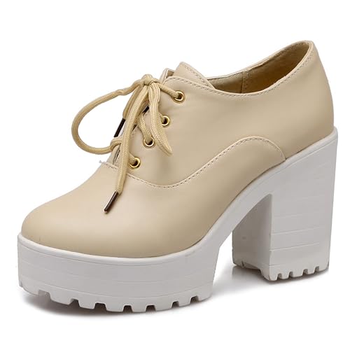 LarDorLin Plateau Oxford Damen Chunky Heel Schnüren Derby Mode Hohen Blockabsatz Pumps Leisure Runde Zehen Schuhe Aprikose Gr 40.5 EU (42 Cn) von LarDorLin