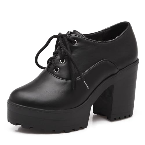 LarDorLin Plateau Oxford Damen Chunky Heel Schnüren Derby Mode Hohen Blockabsatz Pumps Leisure Runde Zehen Schuhe Schwarz Gr 39 EU (40 Cn) von LarDorLin