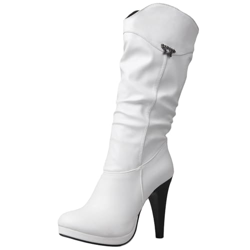 LarDorLin Plateau Stilettos Damen Halbschaft Lockere Stiefel Winter Buro Warm Plateau Höhe Ferse Stiefeletten Zip Weiß Gr 40.5 EU (42 Cn) von LarDorLin