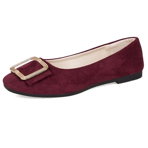 LarDorLin Schnalle Flach Damen Ballet Dolly Schuhe Square Toe Buro Arbeit Loafer Ohne Verschluss Draußen Party Flach Schuhe Comfy Rotwein Gr 36.5 EU (37 Cn) von LarDorLin