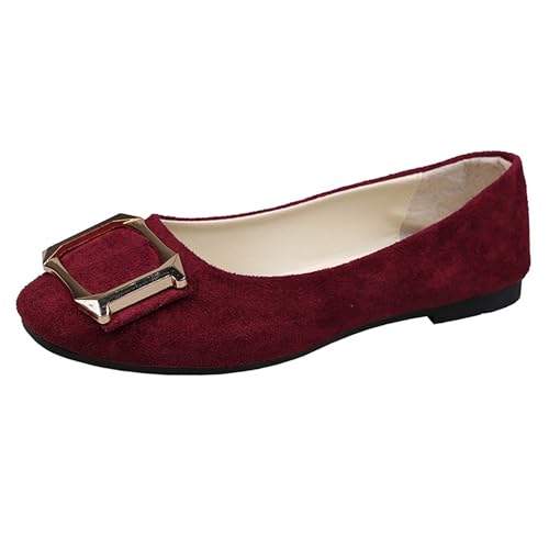 LarDorLin Schnalle Flach Damen Ballet Dolly Schuhe Square Toe Buro Arbeit Loafer Ohne Verschluss Draußen Party Flach Schuhe Comfy Rotwein Gr 39 EU (40 Cn) von LarDorLin