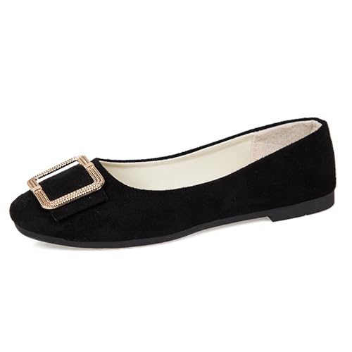 LarDorLin Schnalle Flach Damen Ballet Dolly Schuhe Square Toe Buro Arbeit Loafer Ohne Verschluss Draußen Party Flach Schuhe Comfy Schwarz Gr 39 EU (40 Cn) von LarDorLin