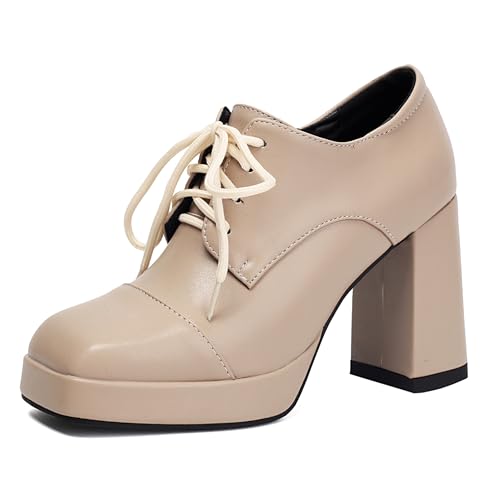 LarDorLin Schnüren Blockabsatz Damen Square Toe Oxford Derby Klassische Plateau Pumps Buro Arbeit Formal Loafer Chunky Aprikose Gr 38 EU (39 Cn) von LarDorLin