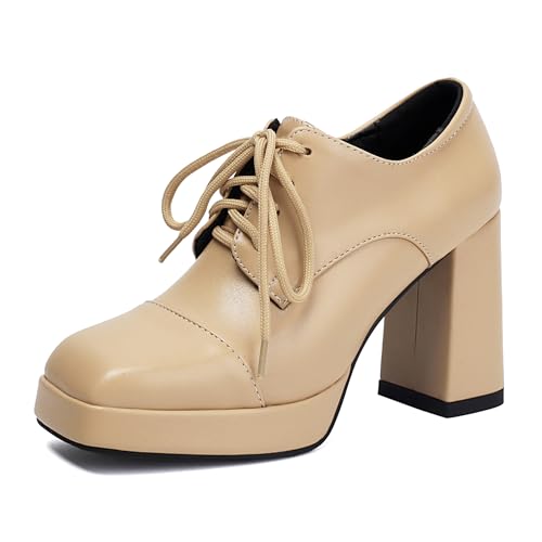 LarDorLin Schnüren Blockabsatz Damen Square Toe Oxford Derby Klassische Plateau Pumps Buro Arbeit Formal Loafer Chunky Gelb Gr 38 EU (39 Cn) von LarDorLin
