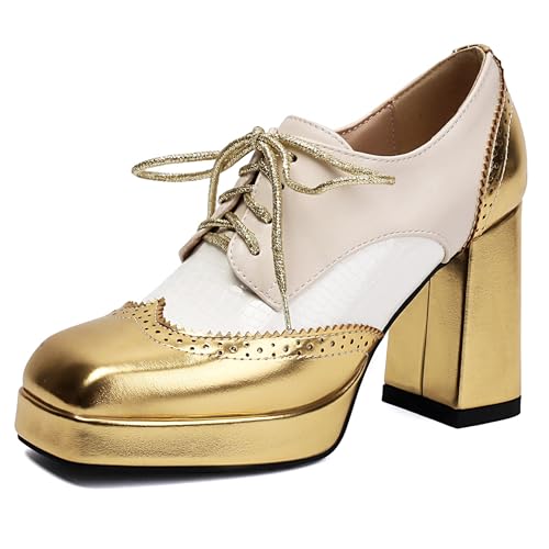 LarDorLin Schnüren Blockabsatz Damen Square Toe Oxford Derby Klassische Plateau Pumps Buro Arbeit Formal Loafer Chunky Gold Gr 45 EU (47 Cn) von LarDorLin